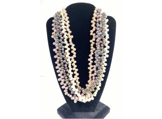 Huge 14 K Gold Five Strand Multi Color Pearl Necklace