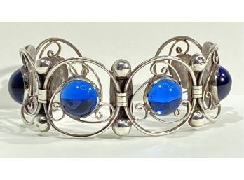 Vintage Los Ballesteros  Sterling Silver  & Blue Art Glass Cuff Bracelet