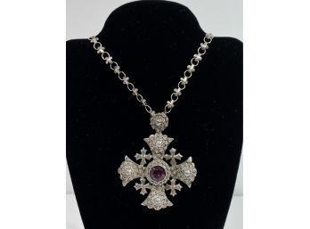 Large Ornate Vintage .800 Silver Cross With Amethyst Center