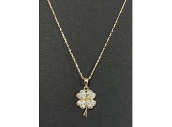 14K Yellow & White Gold Diamond Encrusted Lucky 4 Leaf Clover Pendant With Chain