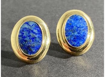 Pair Of 14K Yellow Gold & Polished Blue Lapis Oval Earrings