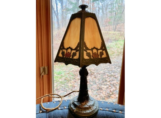 Antique Slag Glass Boudoir Lamp Shade With Spelter Base
