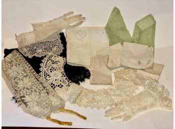 19th C. Lace, Handkerchiefs, Altar Cloth & 20th C. Black Mohair Scarf