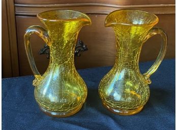 Pair Amber Crackle Glass Pitchers