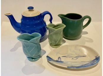 Blue & Green Pottery Lot - Teapot, Pitcher, Vases & Dish