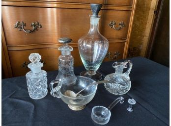 Glass Lot - Pitchers, Decanters, Sauce Bowl, Sterling Spoon