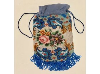 Vintage Beaded Bag With Fringe And Draw String Closure