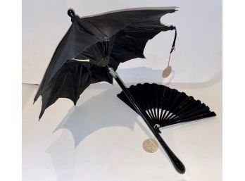 19th C Black Parasol And Ladies Hand Fan