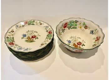 Lovely Doulton's Kioto Luncheon Plates (12) And Round Serving Bowl (1)