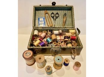 Vintage Metal Sewing Box With Sterling Handled Scissors