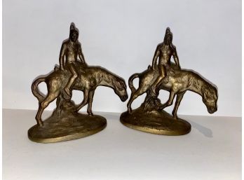 Pair Of Cast Iron American Indian On Horseback Bookends (2)
