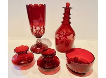 Red And Ruby Glass - Vase, Decanter, Pair Low Vases, Handblown Low Bowl