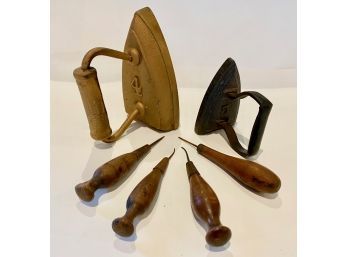 Sad Irons & Wood Handled Tools (6)