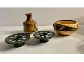 Pottery Lot - Candlesticks, Vase And Bowl