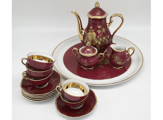 German Fine Porcelain Red And Gold Tea Set And Tray