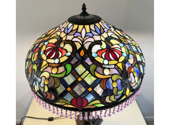 Tiffany-Style Table Lamp With Beaded Trim On Shade Heavy Metal Base