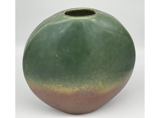 Large Flat Round Ceramic Vase Green/Yellow/Orange