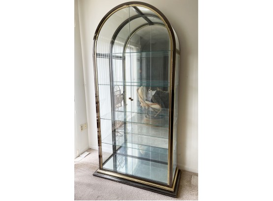 MCM Dome Curved Glass, Brass And Black Lacquer Curio Cabinet