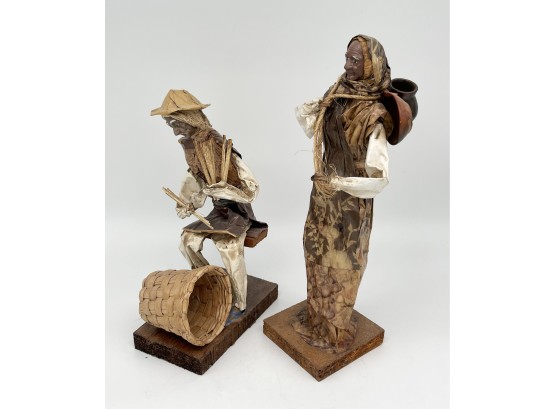 Mexican Paper Mache Figurine Folk Art - Set Of 2 (Basket And Water Jugs)