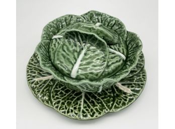 Bordallo Pinheiro Made In Portugal Green Cabbage Butter Dish With Lid And Plate