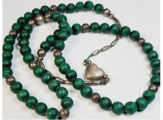 Green Beaded Necklace With Heart Clasp