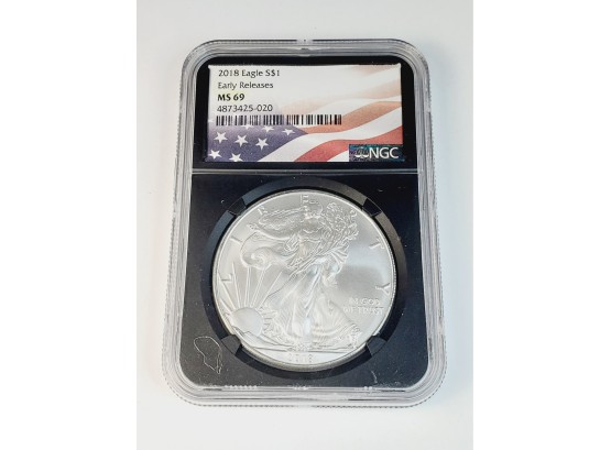 2018 1 Oz .999 Silver Eagle Dollar  MS69 NGC Graded And Slabbed