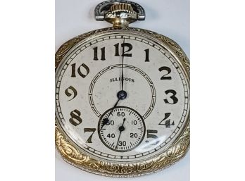 1915 Illinois Pocket Watch 15 Jewels Size : 12s  WORKING (lots Of Detail On Case)