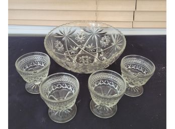 Cut Glass Fruit Bowl With 4 Pedastal Glasses