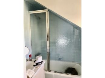 A Textured Glass Shower Enclosure - Swinging Door - Chrome Trim