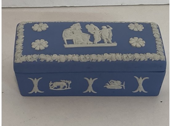 Vintage Wedgwood Blue Jasper Ware Rectangular Horse And Chariot Trinket Box With Lid