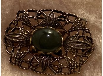 Vintage Pasted Center Green Stone Pin In Ornate Brass Tone Setting