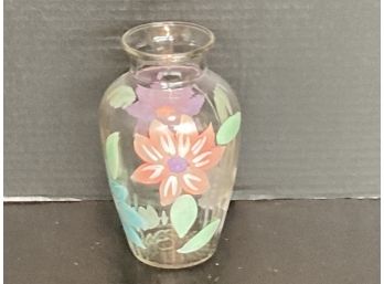 Vintage Hand Painted Clear Glass Flared Vase  Multicolor Floral Design (7 Inches)