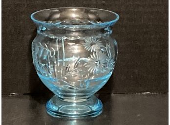 Vintage Etched Daisy Blue Depression Era Glass Vase