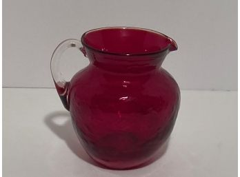 Vintage Ruby Red Pitcher Clear Glass Handle - Pontil Mark - 4 Inches In Height