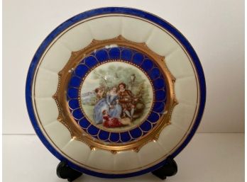 Vintage Cobalt Blue German Cabinet Plate - Adult/Children Victorian Personages