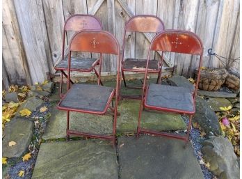 Set Of 4 Early Red Steel Folding Chairs