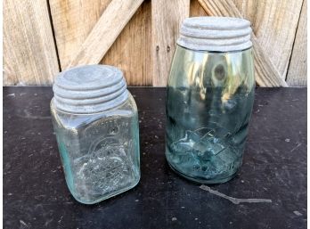 Grouping Of 2 Masson Jars 1 Late 1800's Ball Jar #13 Or #31 And 1 Smalley Pint Jar