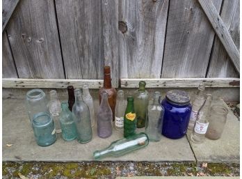 Collection Of 18 Old Bottles Included Is A Keystone Strong Shoulder Masson Jar