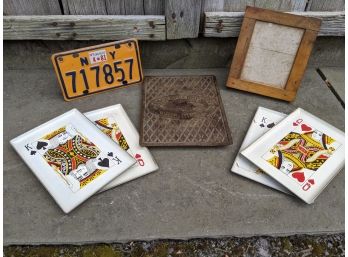 Grouping Of Plates Including A Hot Plate, Antique Photo Plate, Motor Cycle Plate, Playing Card Plates