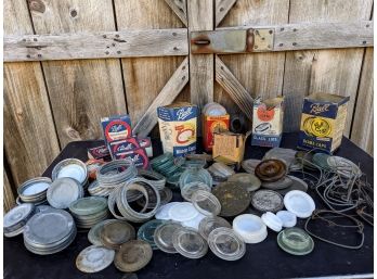 Collection Of Canning Jar Tops, Rubber Seals, Zinc Lids And Glass Tops