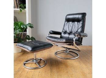 Vintage Leather 70s Modern Recliner With Ottoman