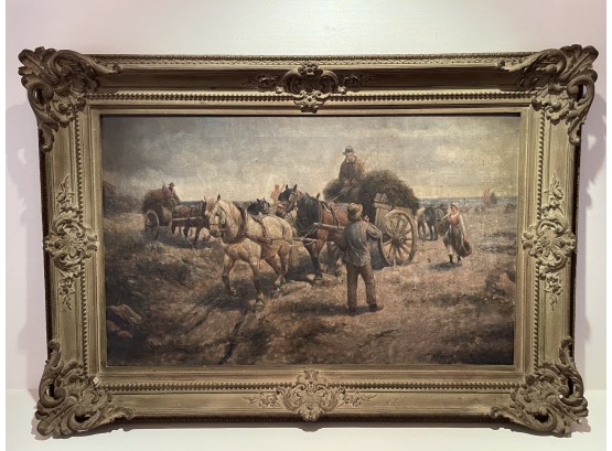 Incredible Antique Oil On Canvas Horse & Wagon Signed F. Conrad ?