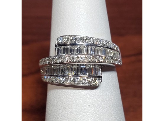Stunning 18k White Gold 1.5cttw Baguette And Round Diamond Bypass Cocktail Ring Sz 6.5 - 7g