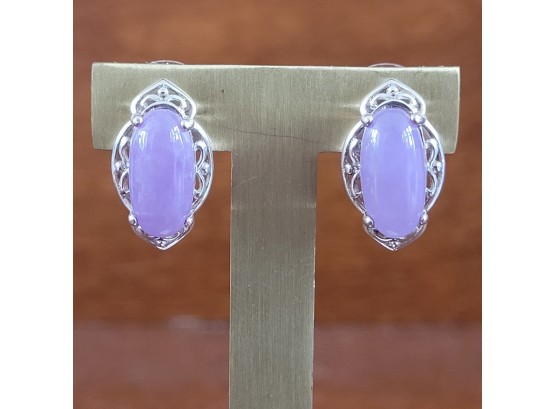 Sterling Silver Earrings With Elongated Oval Lavender Jadeite