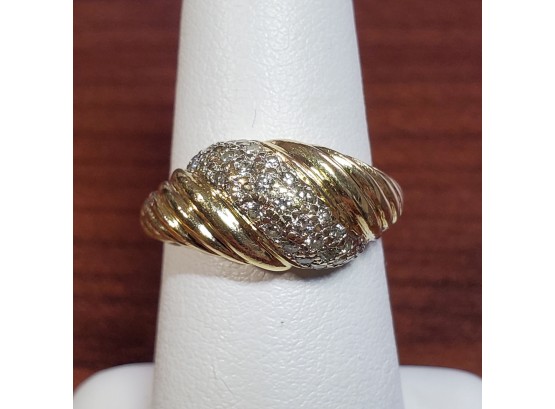 Very High Quality 14k Yellow Gold & Pave Diamond Domed Ring Sz 6.75 - 6g