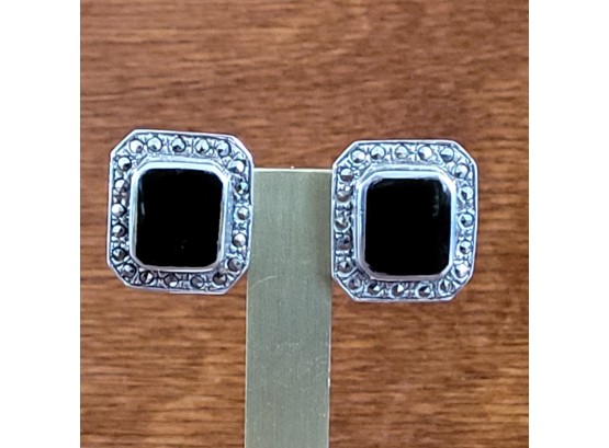 Sterling Silver Onyx & Marcasite Pierced Earrings