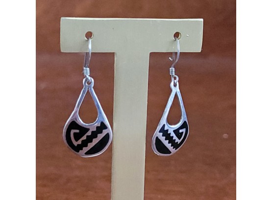 Mexican Sterling Silver Inlaid Onyx Drop Pierced Earrings
