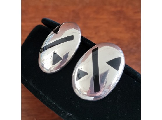Mexican Sterling Silver Onyx Inlay Pierced Earrings