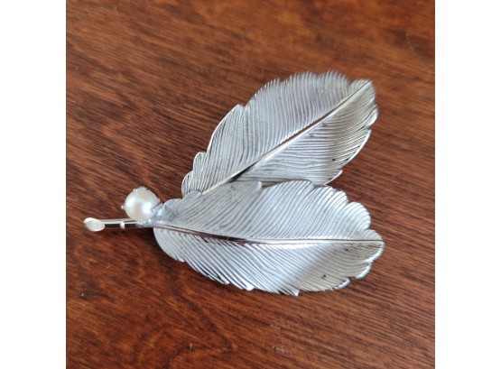 Vintage Sterling Silver Pearl Leaf  Brooch