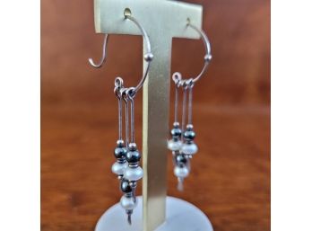 Silver Handmade Pearl & Hematite Bead Drop Pierced Earrings